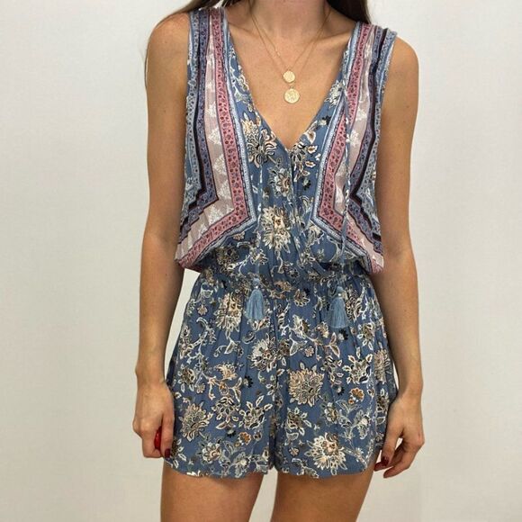 American Eagle Blue Boho Floral Romper with Tassel Tie - Size Small - Picture 2 of 9